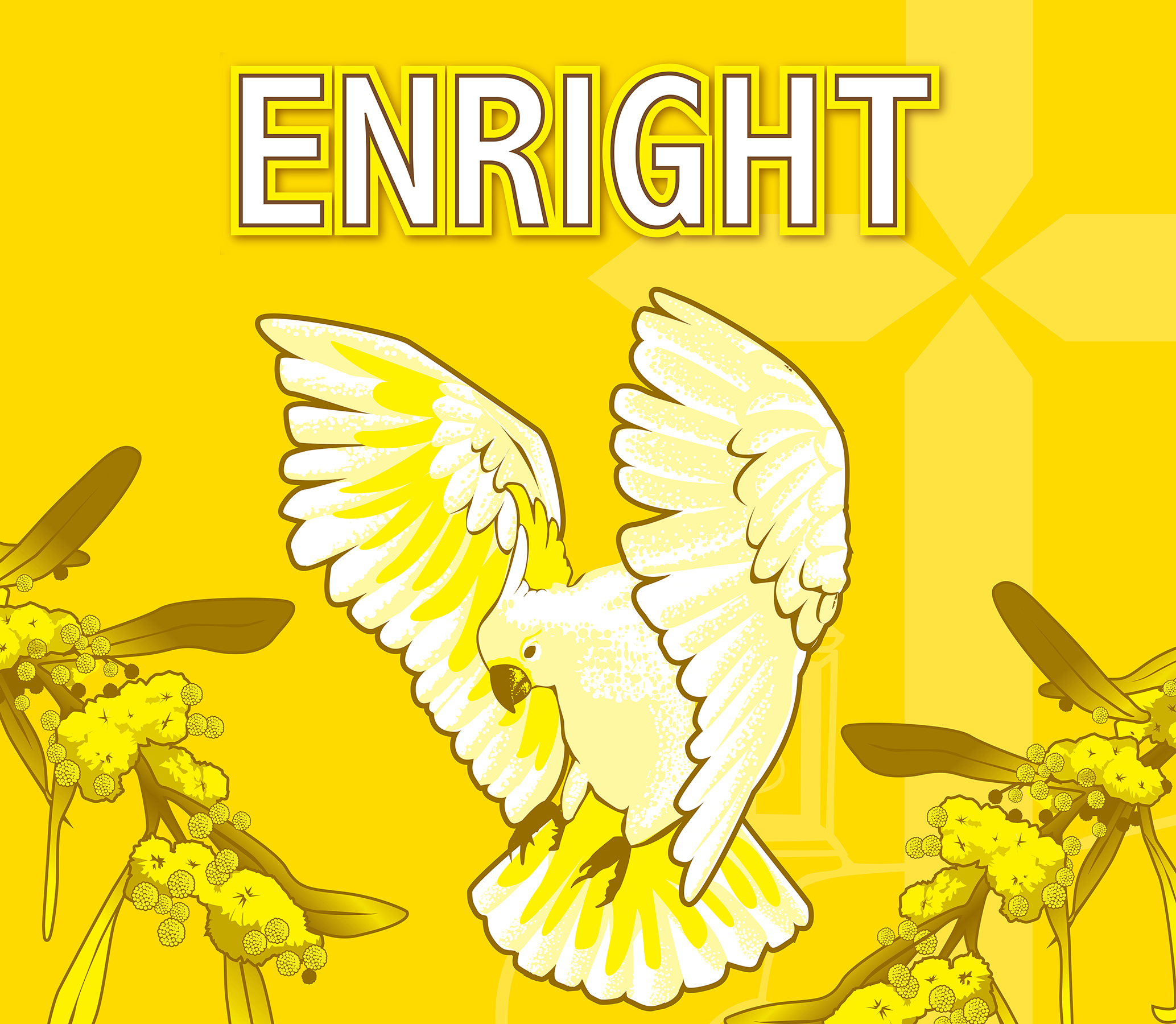Enright House graphic featuring yellow tones with illustrated cockatoo and wattle representing community and spirit