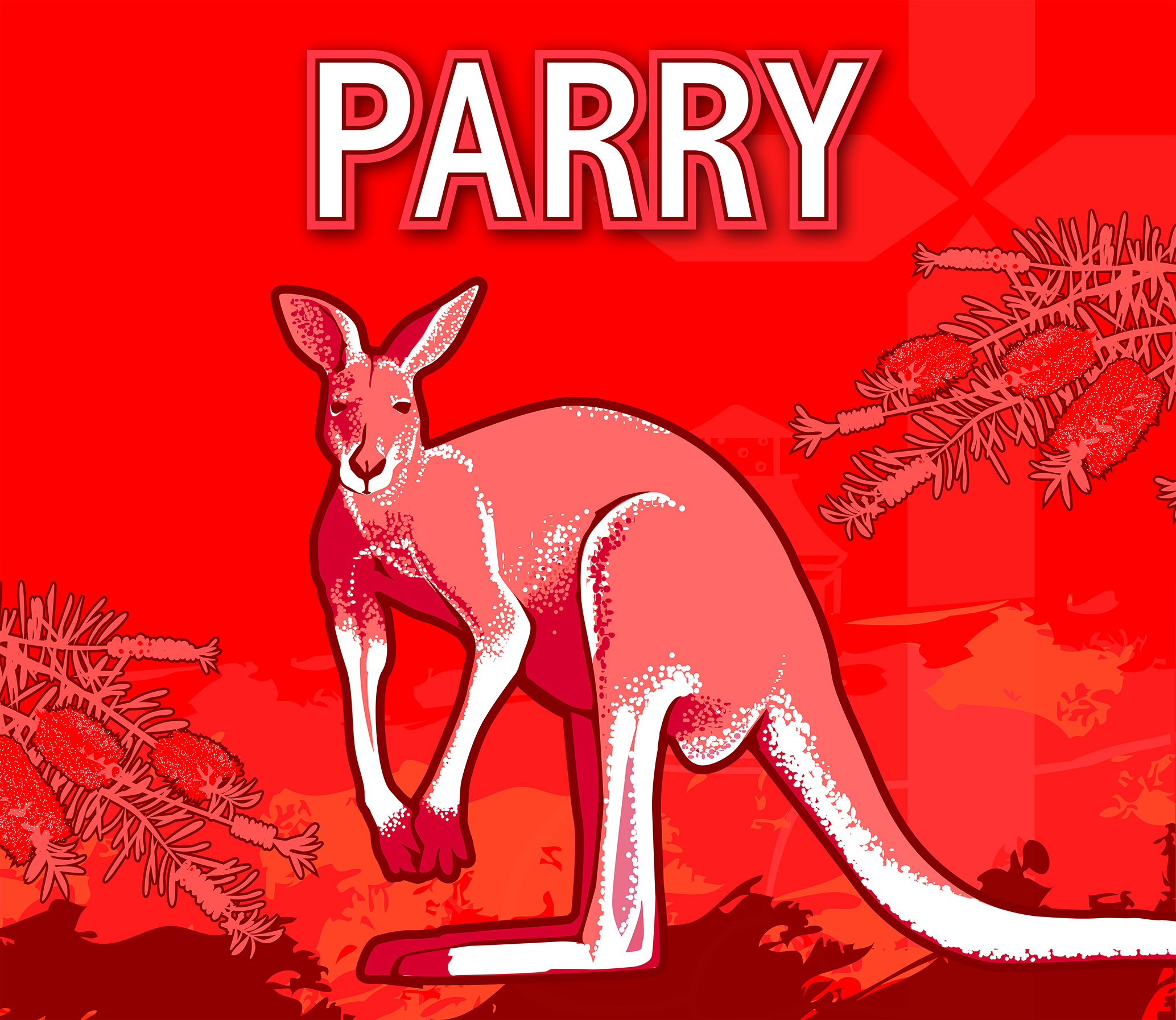 Parry House graphic featuring red tones with illustrated kangaroo and native plants representing house identity