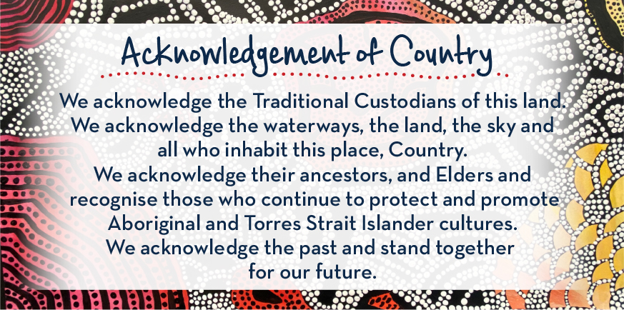 Acknowledgement of Country poster recognising Traditional Custodians, Elders and Aboriginal and Torres Strait Islander cultures and connection to land, waterways and sky