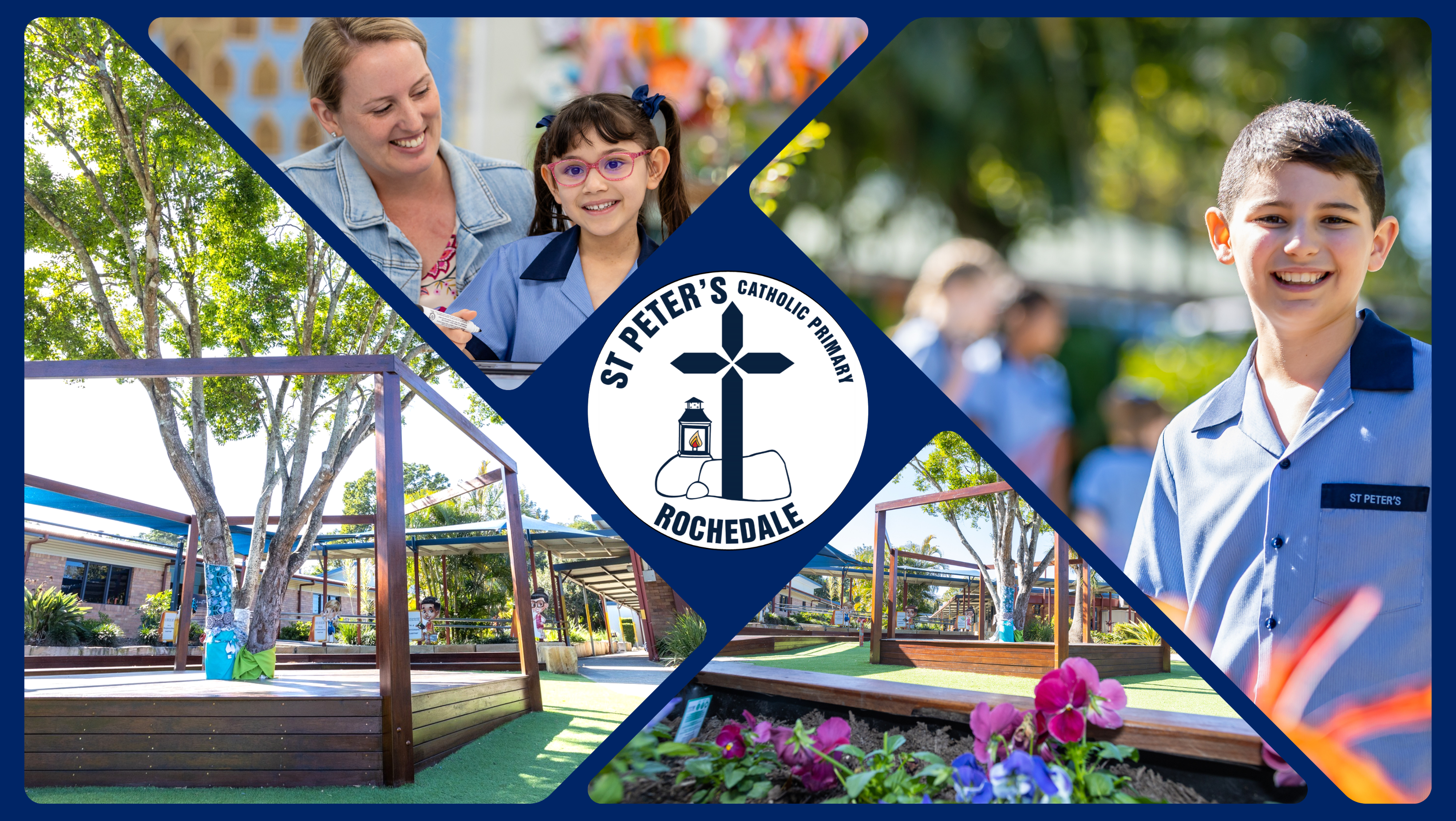 Image 1: St Peter’s Catholic Primary Rochdale composite banner showing students, teacher interaction, outdoor learning spaces and school logo representing community and learning environment