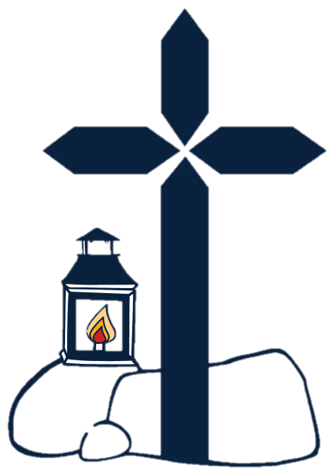 School crest icon featuring a cross and lantern symbol representing faith, light and Catholic identity