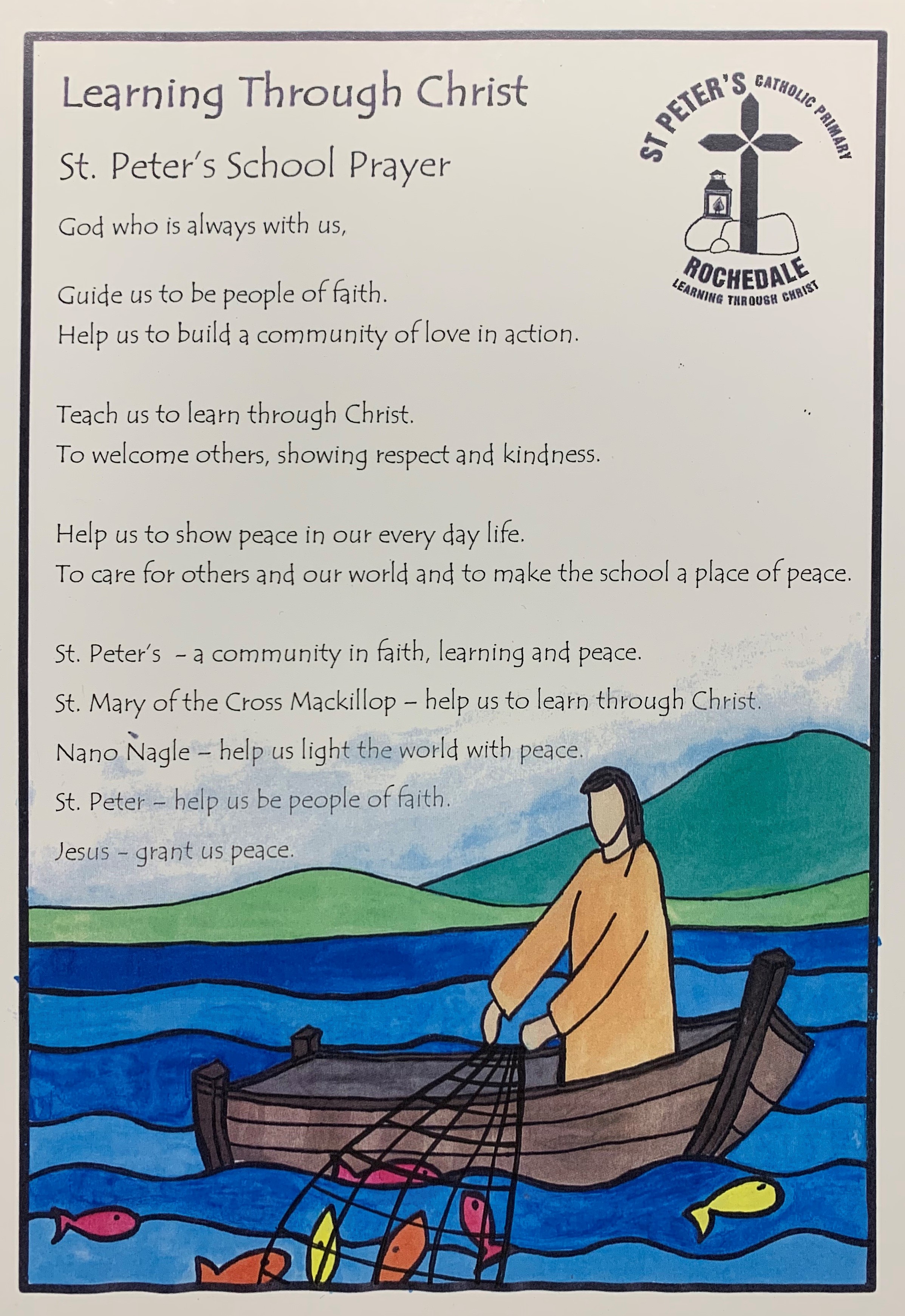 St Peter’s School Prayer poster outlining Catholic values of faith, community, peace and learning through Christ with illustration of Jesus fishing on water
