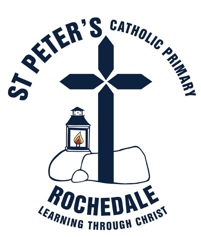 St Peter’s Catholic Primary Rochdale school logo featuring a cross and lantern symbol with the motto Learning Through Christ